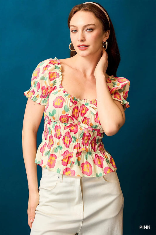 Smocked Floral Peplum Top