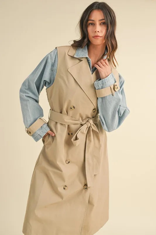 Layered Look Trench Coat With Denim Jacket