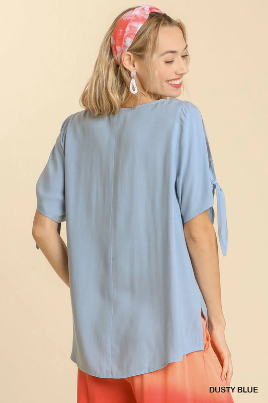Cold Shoulder Round Neck Top with Knot-Tie Details and Side Slits