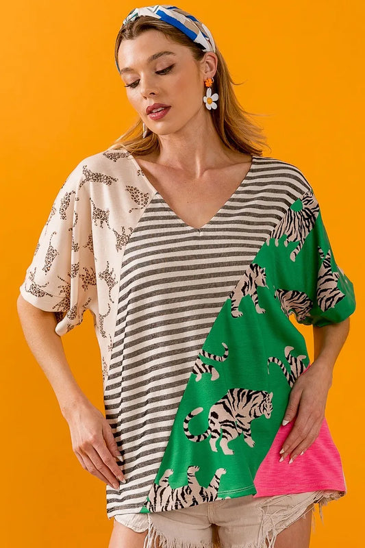 Tiger W Stripe Contrast Color Block V Neck Top