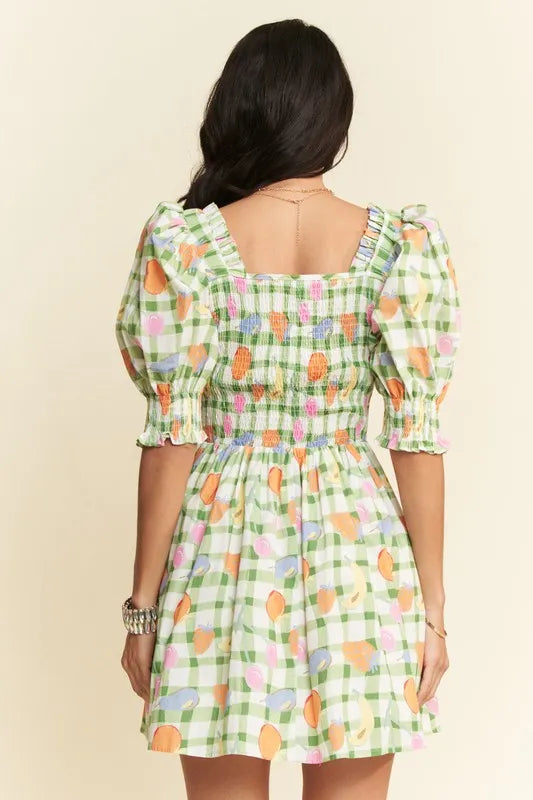 Fruits Printed Smocking Mini Dress