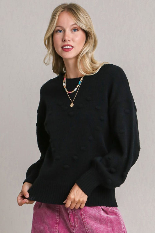 Full Size Pom Pom Knit Heart Front Round Neck Sweater Plus Size