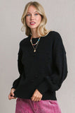 Full Size Pom Pom Knit Heart Front Round Neck Sweater Plus Size