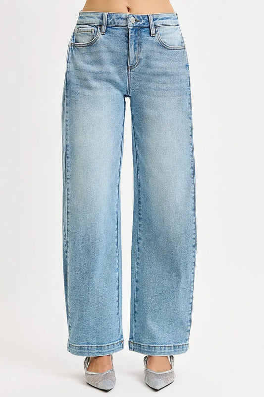 Mid Rise Barrel Snap Hem Adjustable Leg Jeans