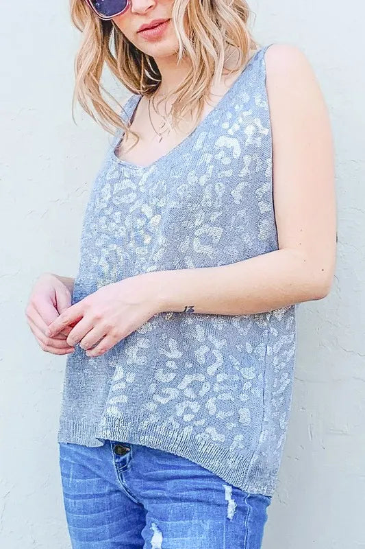 Leopard Foil Print Sleeveless Sweater Top