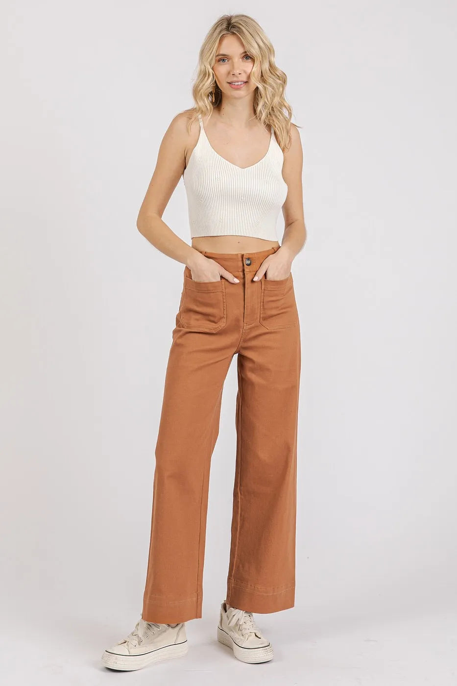 Twill Patch Pocket High Rise Wide Leg Pants