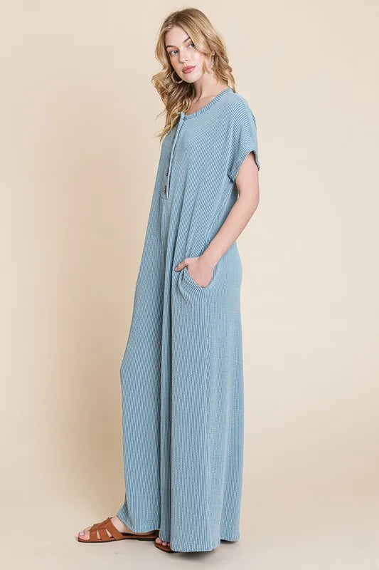 Rib Knit Jumpsuit with Button Detail
