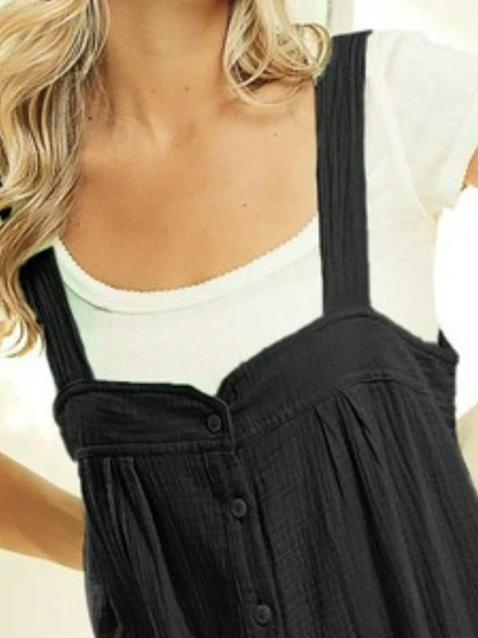 Gauze Button-Up Pocketed Overall Romper
