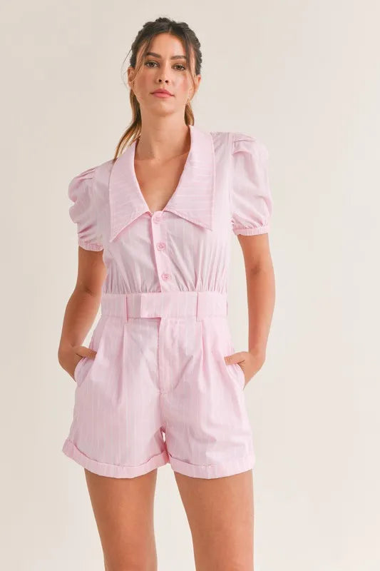 Striped Puff Sleeve Collared Neck Romper
