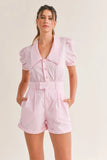 Striped Puff Sleeve Collared Neck Romper