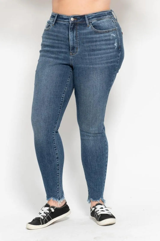 Plus Size High Waist Skinny with Destroy & Shark Bit Hem