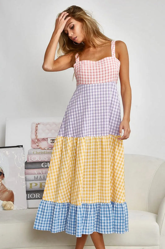 Color Block Tiered Gingham Dress