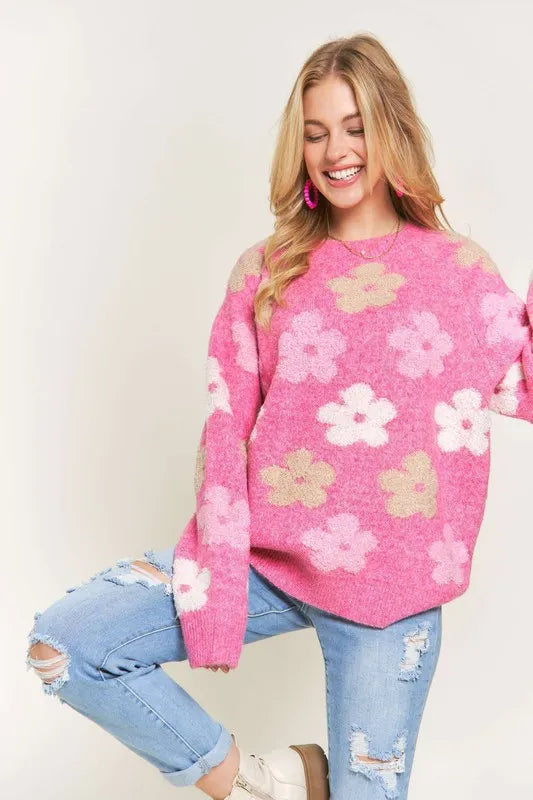 Full Size Floral Popped 2-Tone Sweater Top Plus Size
