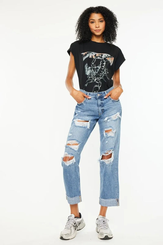 Urban Chic Mid Rise Relaxed Distressed Denim