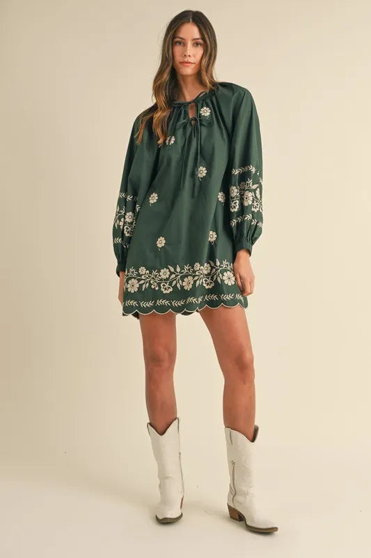 Embroidered Long Sleeve Peasant Mini Dress