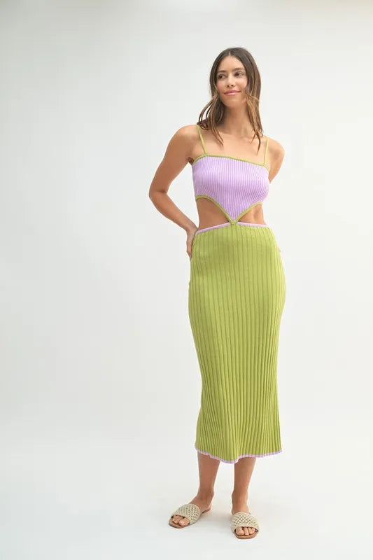 Ribbed Knit Color Block Cutout Midi Dress