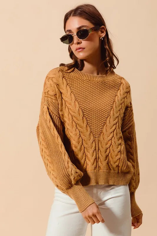 Mineral Washed Loose Fit Textured Cable Sweater