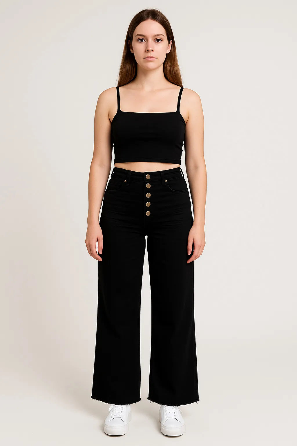 Twill High Waisted Button Fly Wide Leg Pants