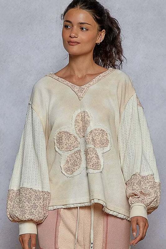V-Neck Floral Embroidered Sweatshirt with Balloon Sleeves