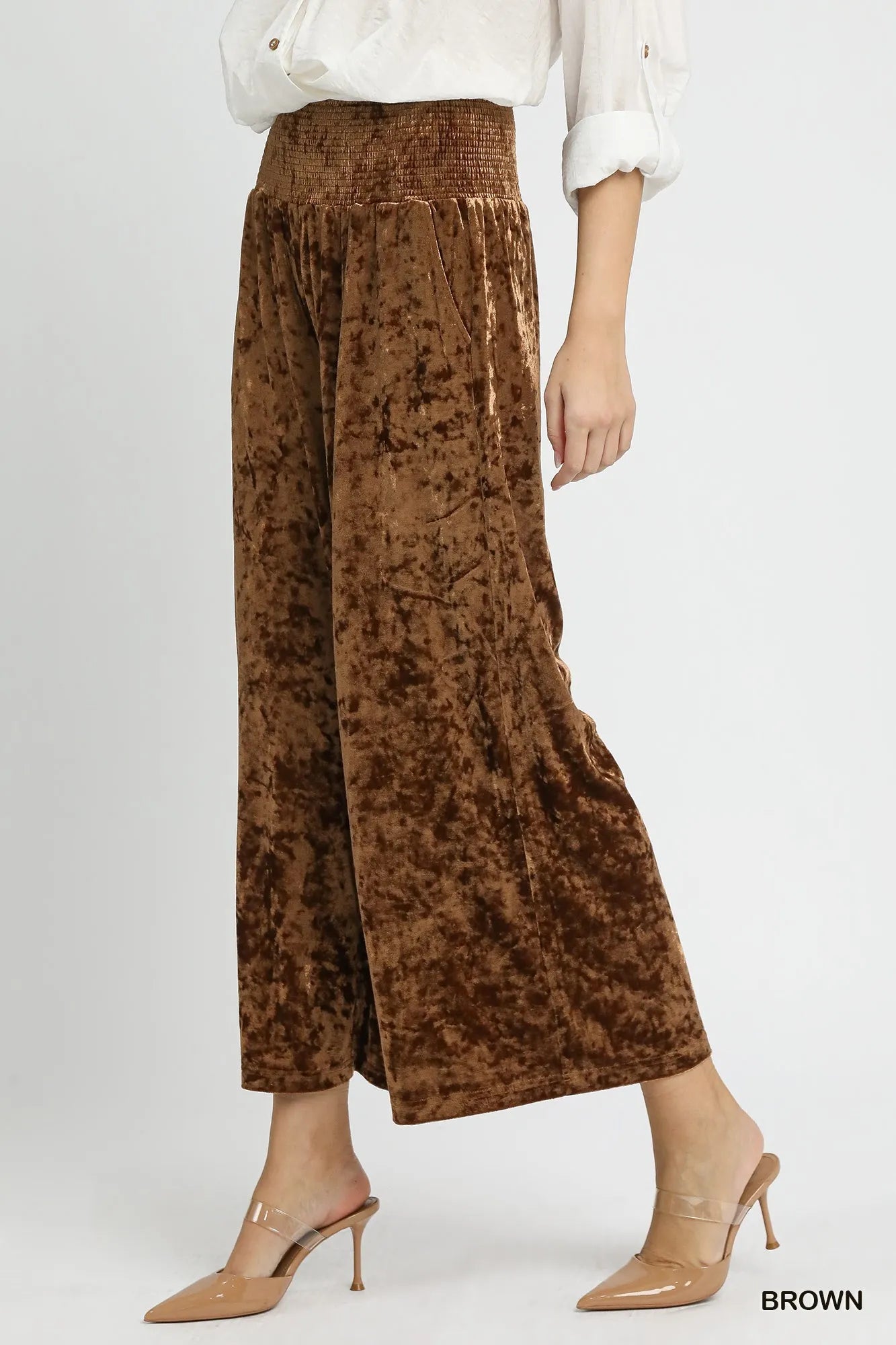 Smocked Waist Velvet Wide-Leg Pants