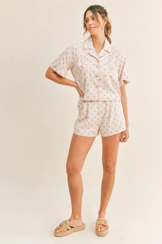 Polka Dot Collar Crop Top and Short Lounge Set