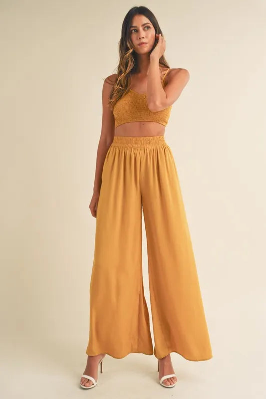 Smocked Bralette Crop Top and Wide Leg Pants Set
