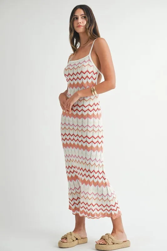 Lightweight Pointelle Chevron Knit Maxi Dress