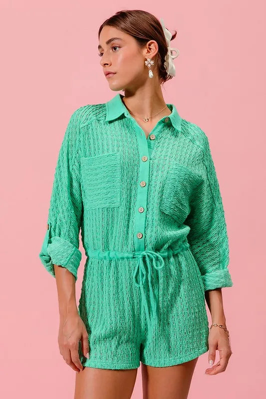 Textured Knit Button Front Romper
