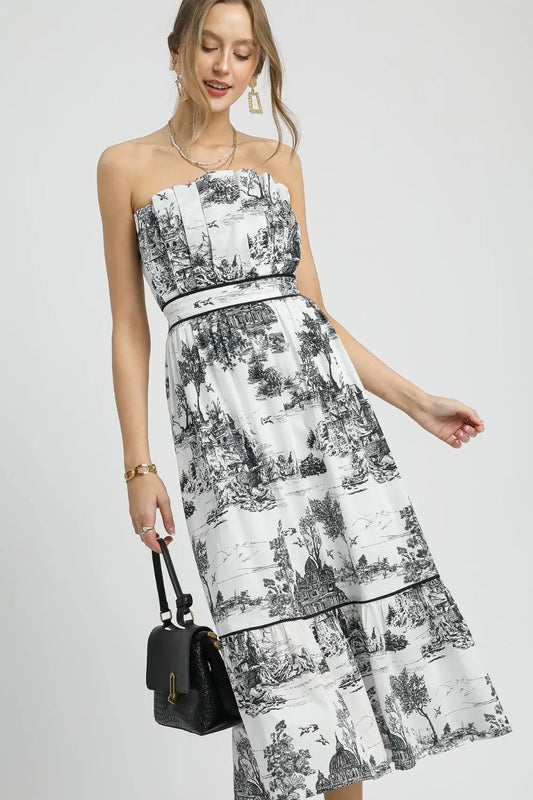Printed Tiered Tube Midi Dress