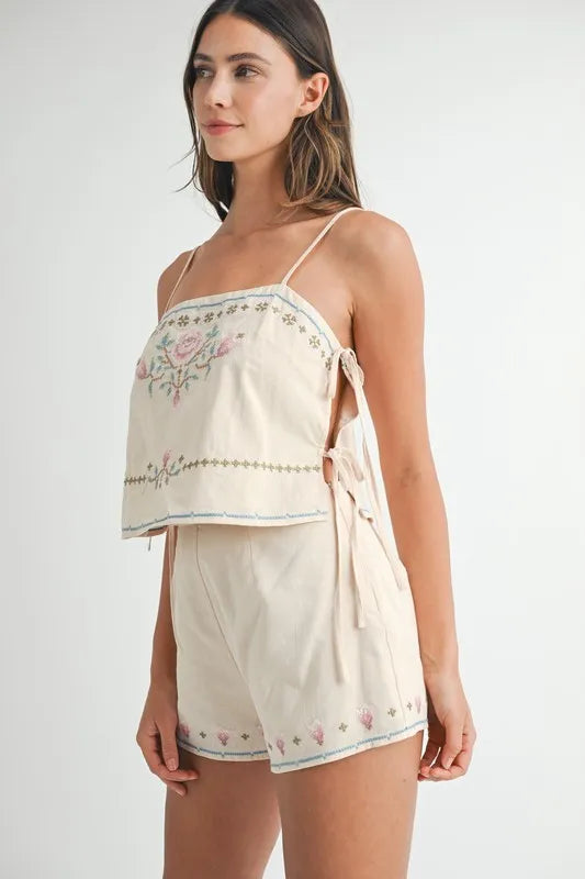 Embroidered Crop Top and Shorts Set