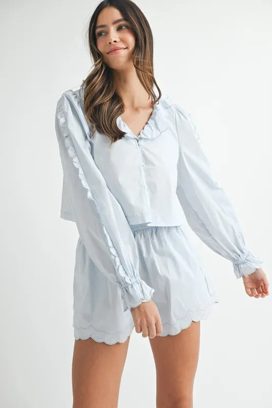 Long Sleeve Scallop Blouse and Shorts Set