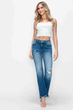 Mid Rise Distressed Raw Hem Straight-Leg Jeans