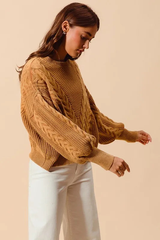 Mineral Washed Loose Fit Textured Cable Sweater