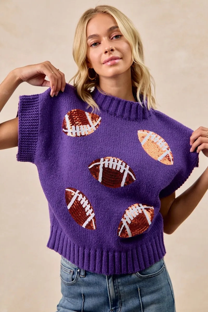 Sequin Football Patches Ribbed Gameday Sweater