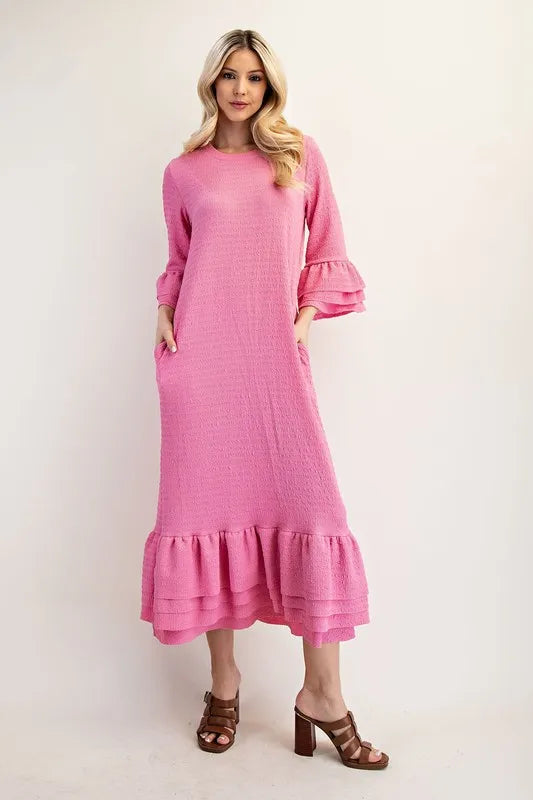 Full Size Textured Ruffle Hem Modest Dress Plus Size