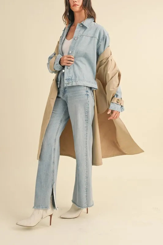 Layered Look Trench Coat With Denim Jacket
