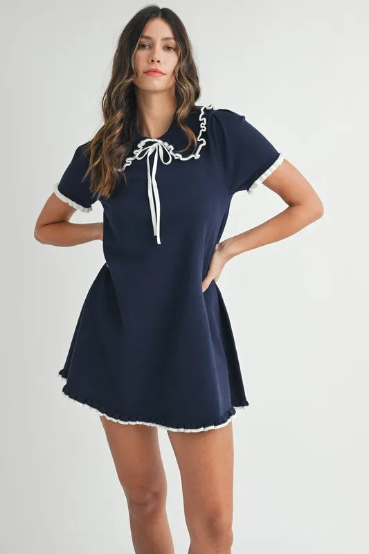 Ruffle Trimmed Collar Fine Knit Mini Dress