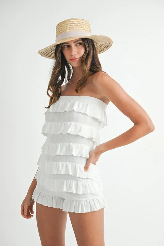 Pointelle Knit Fabric Ruffled Tube Romper