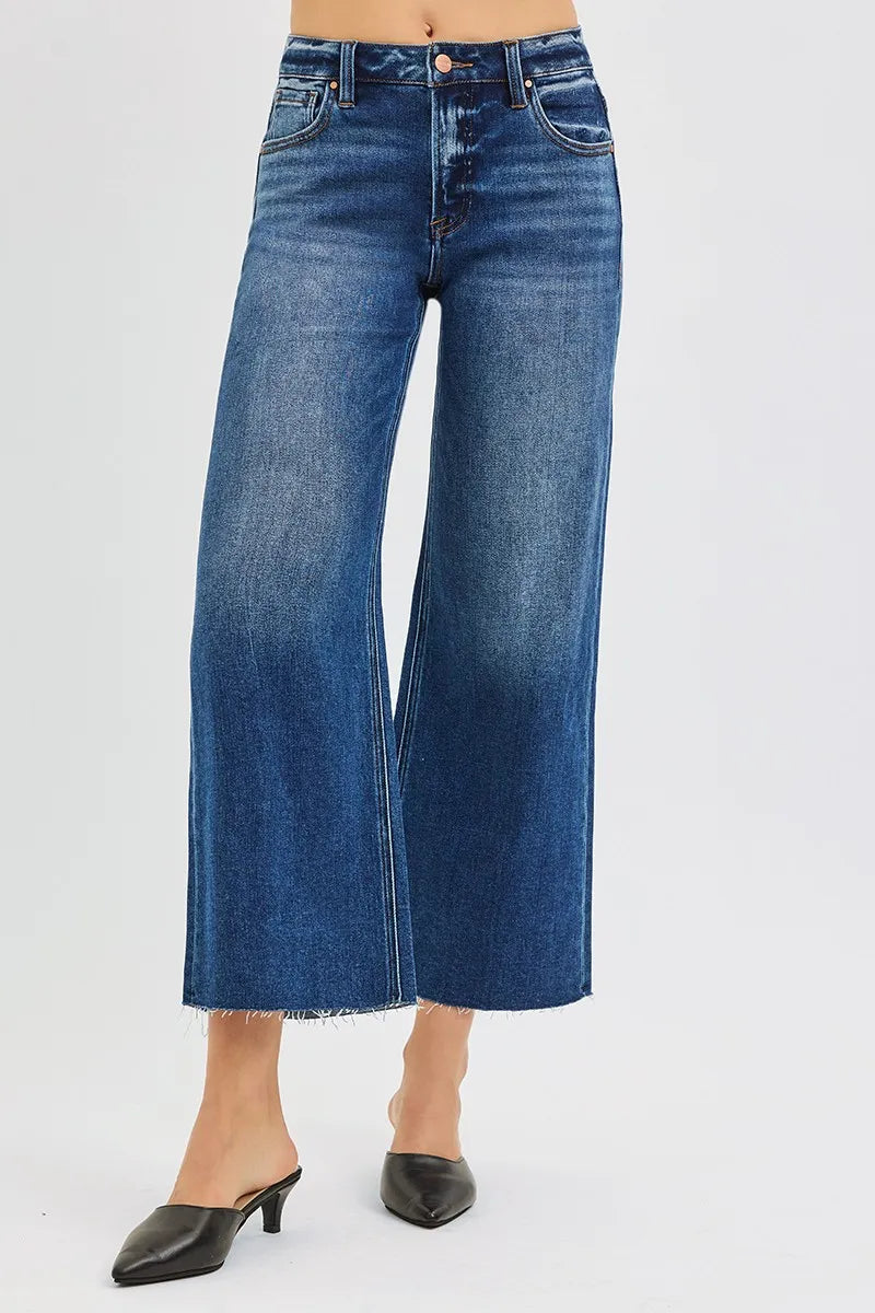 Mid-Rise Crop Raw Edge Wide Hem Jeans