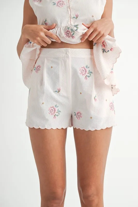 Stripe Embroidered Peplum Cami and Shorts Set