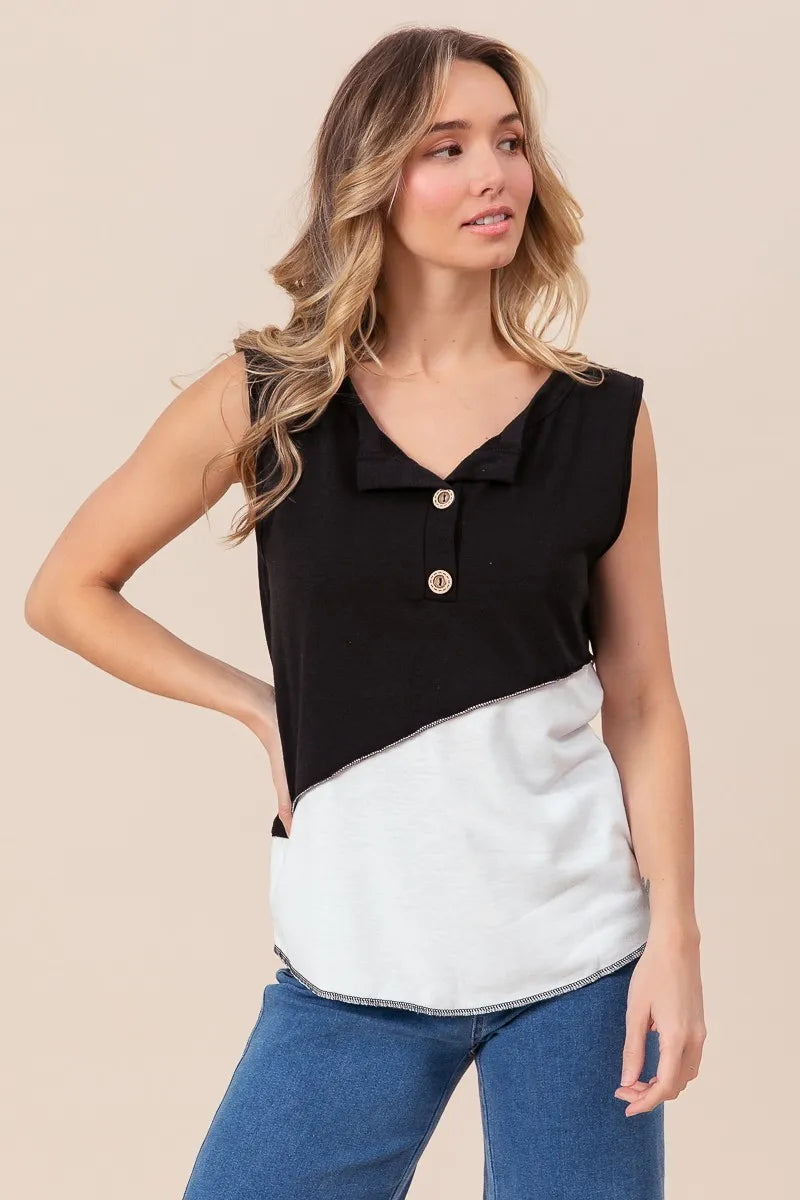 Color Block Contrast Stitching Buttoned Henley Top