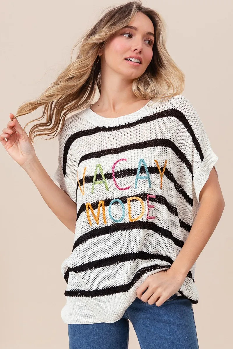 Vacay Mode Lettering Drop Shoulder Striped Sweater
