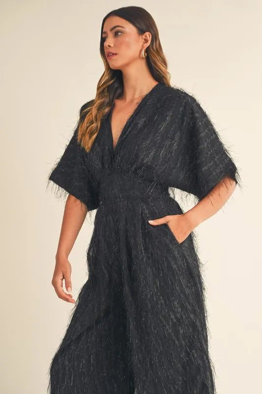Fluffy Deep V Neck Wide Leg Jumpsuit