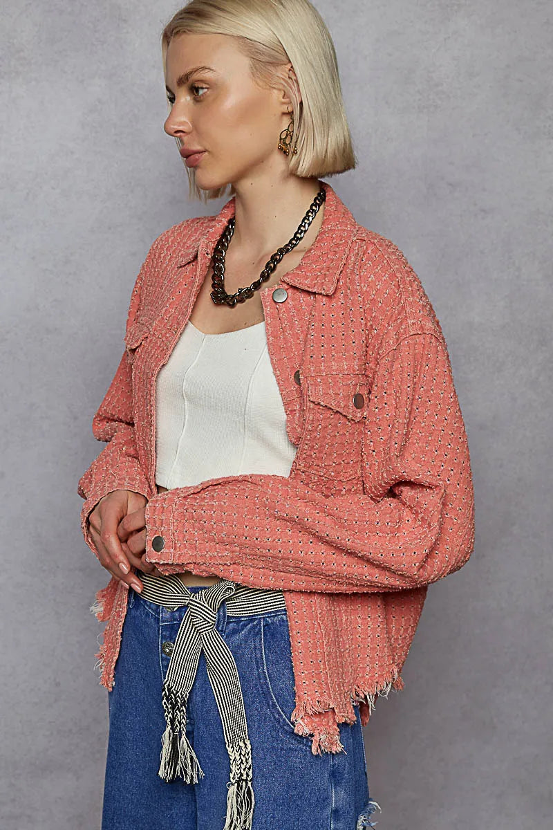 Textured Crop Button-Up Jacket with Flap Pockets