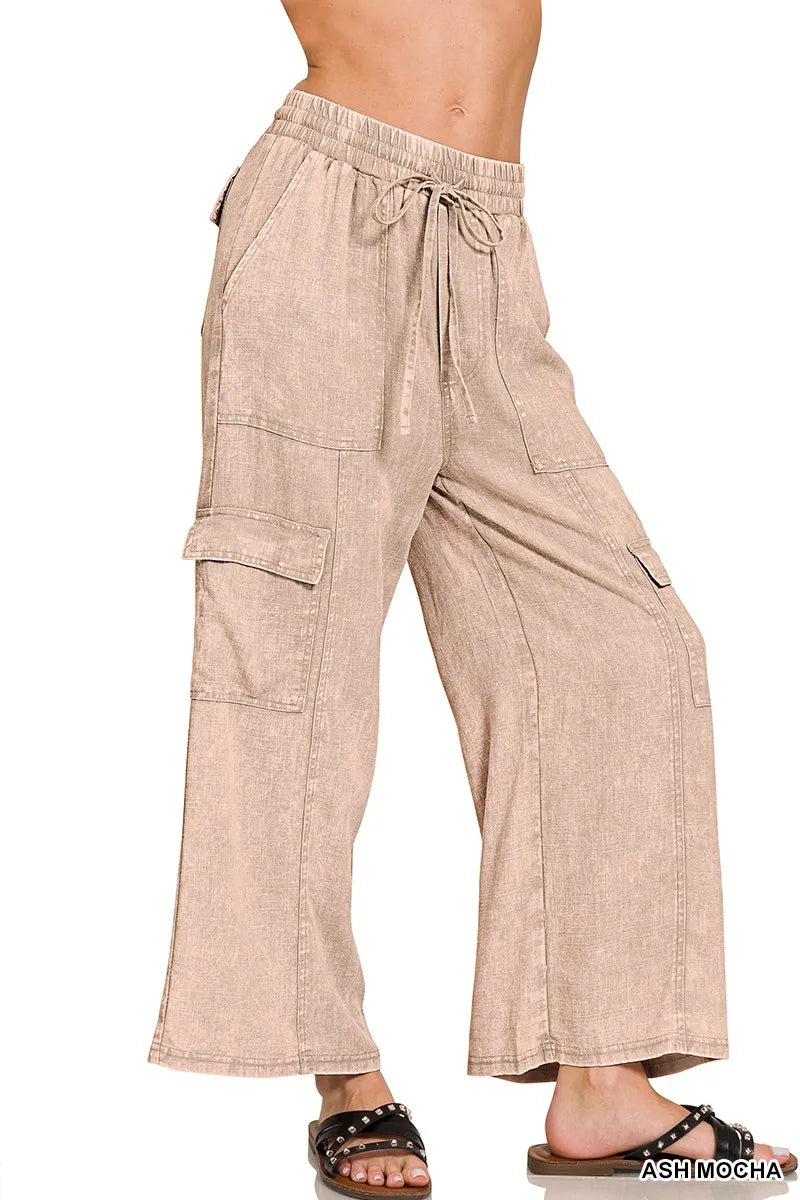 Washed Linen Elastic Band Waist Cargo Pants