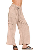 Washed Linen Elastic Band Waist Cargo Pants