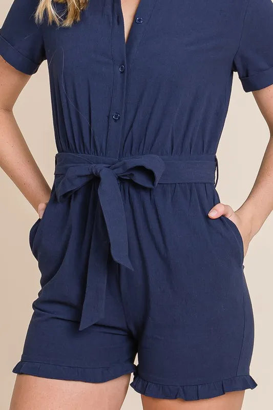 Collared Button Down Romper with Tie Belt