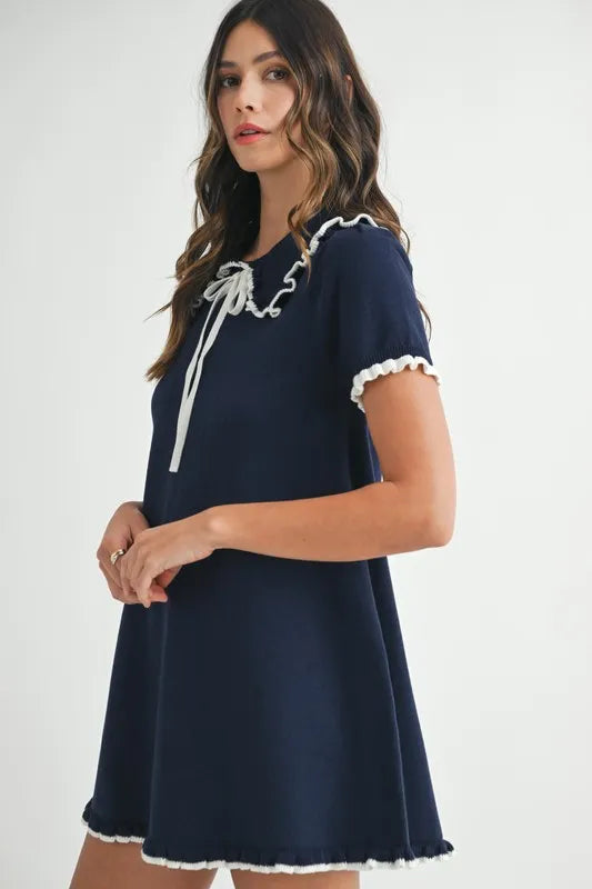 Ruffle Trimmed Collar Fine Knit Mini Dress