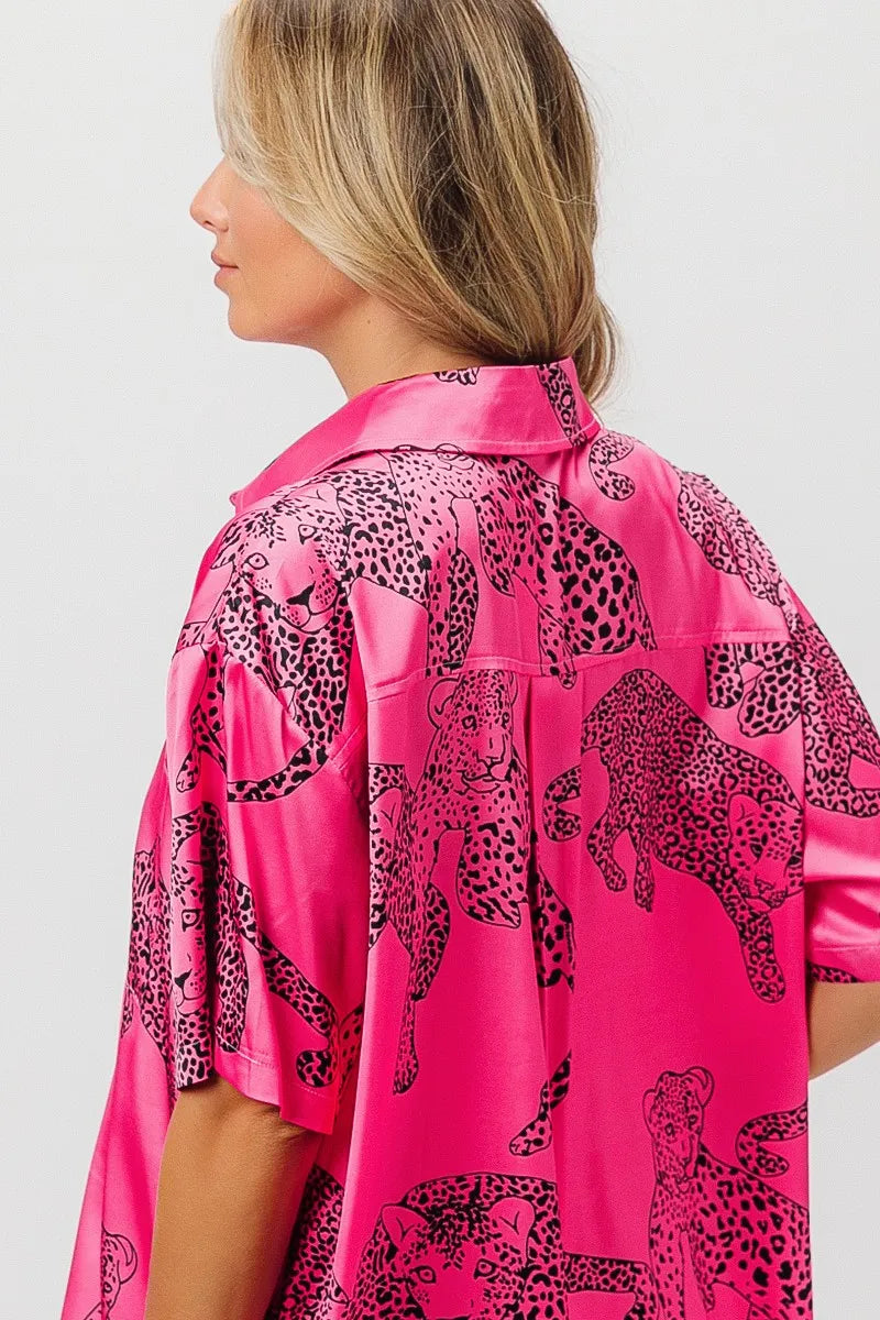 Leopard Print Short Sleeve Silky Satin Shirt Top