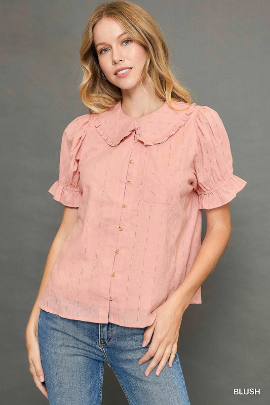 Button-Up Peter Pan Collar Textured Shirt with Ruffle Accents